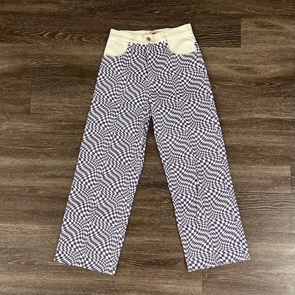 Lisa Says Gah Robyn Checkered Wide Leg Jeans Purple Warp Print Size 29 - Picture 3 of 16